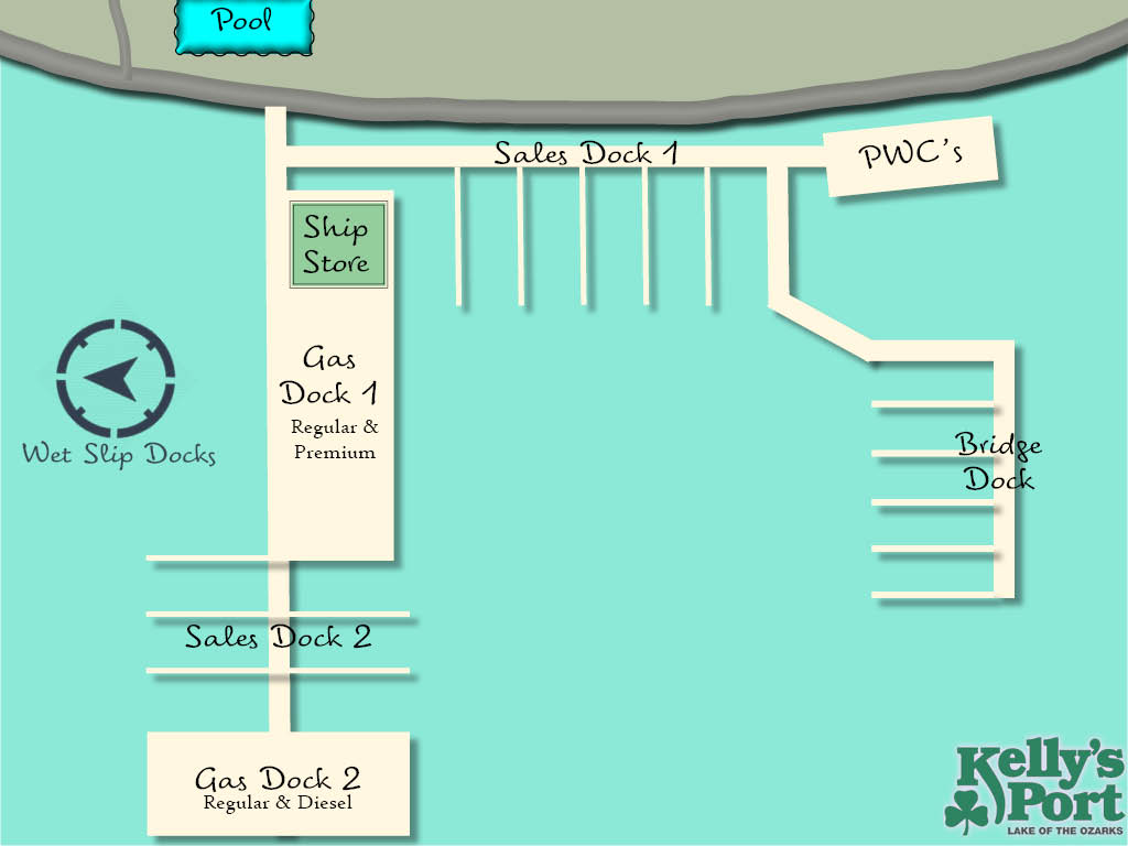 A map Kelly's Port gas dock with designated fuel pumps marked